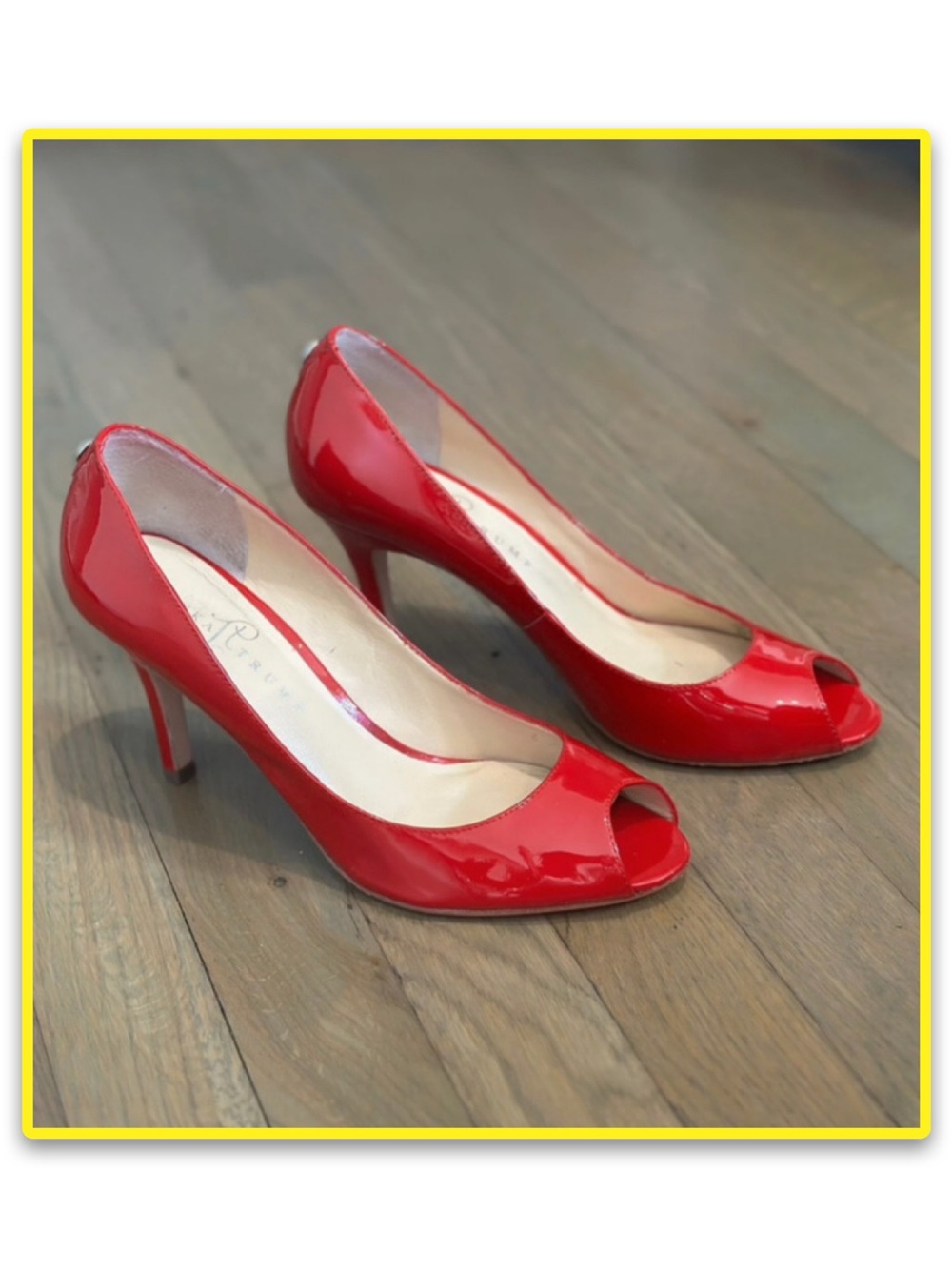 Red Patent Leather Open-Toe Pumps, glossy shine, size 9 - Picture 3 of 12